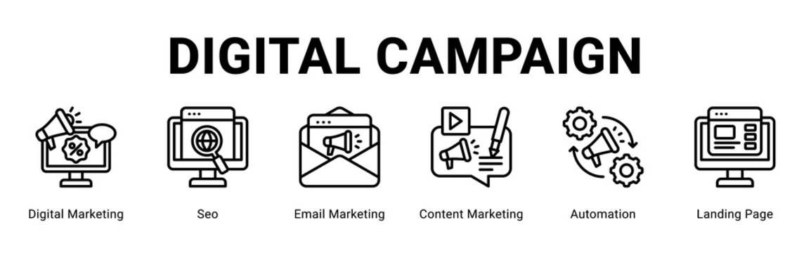 Digital Campaign web banner icon concept,  with Digital Marketing, Seo, Email Marketing, Content Marketing, Automation, Landing.