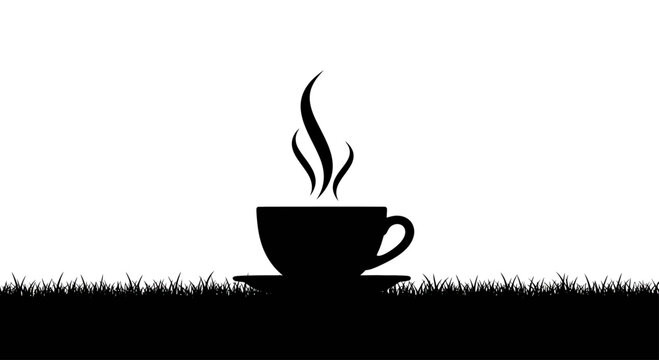 Black silhouette of steaming coffee cup on saucer amidst grassy ground