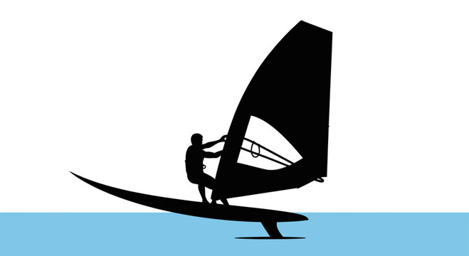 Silhouette of a windsurfer on a board with a sail against a white background