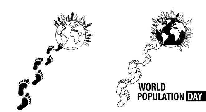 World Population Day conceptual illustration with earth and human footprints.