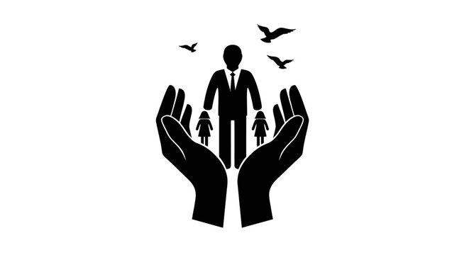 Black silhouette icon of a family protected by cupped hands.