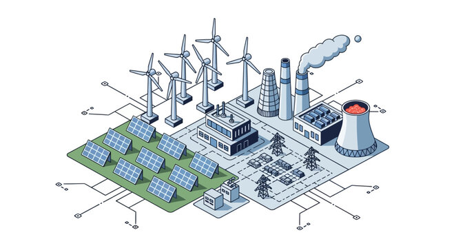 Isometric Illustration of Renewable Energy Sources and Power Plants.