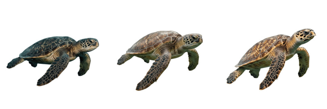 Realistic Sea Turtle Swimming Isolated on Transparent Background, Marine Animal Green Turtle PNG, Underwater Wildlife Nature Element.