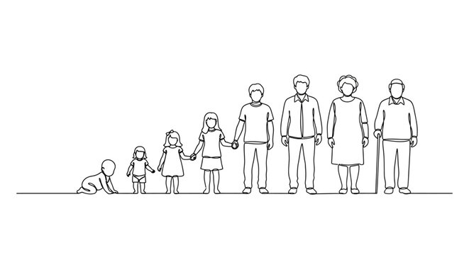 Continuous line art illustration of human life stages from baby to elderly.