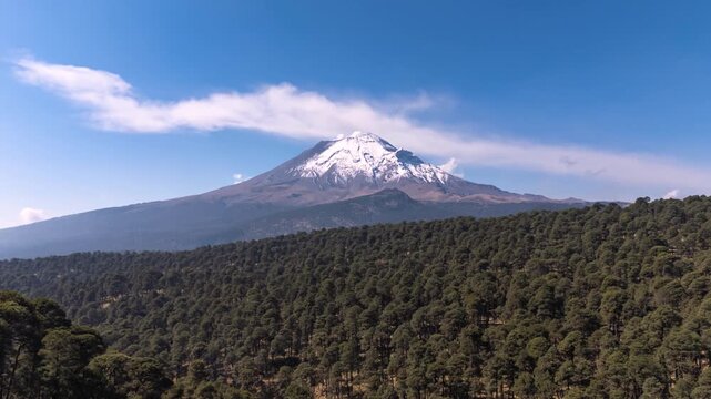 Stunning 4K Drone Hyperlapse of Popocatepetl Volcano Emitting Steam and Ash Plume over Pine Forest
