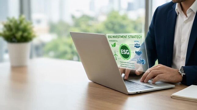 Businessman analyzing ESG investment strategy on laptop with sustainable business metrics displayed