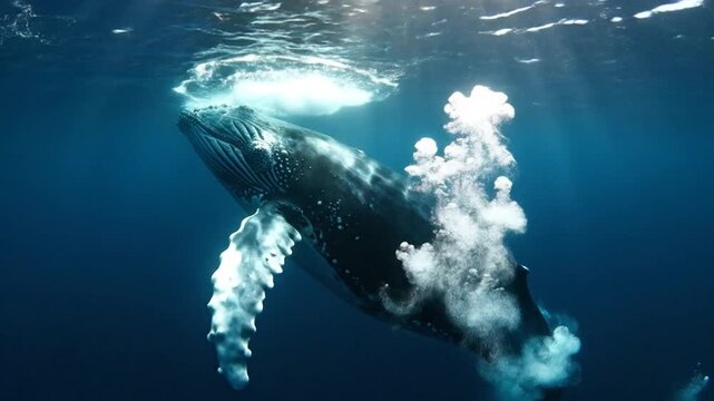 Majestic Humpback Whale Ascends Through Deep Blue Ocean Waters Under Sunlit Rays