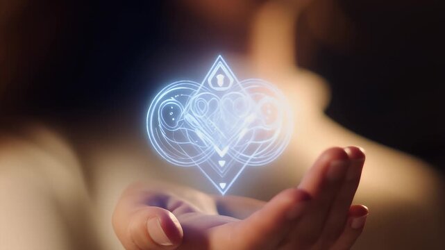 In a softly lit environment, a hand holds a glowing holographic icon of interlinked figures and a heart, slowly zooming in to capture the intricate details, settling into a focused view.
