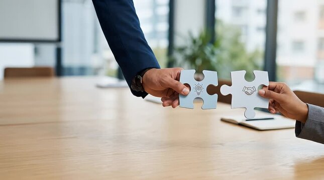 Business professionals connecting puzzle pieces together at wooden table in modern office