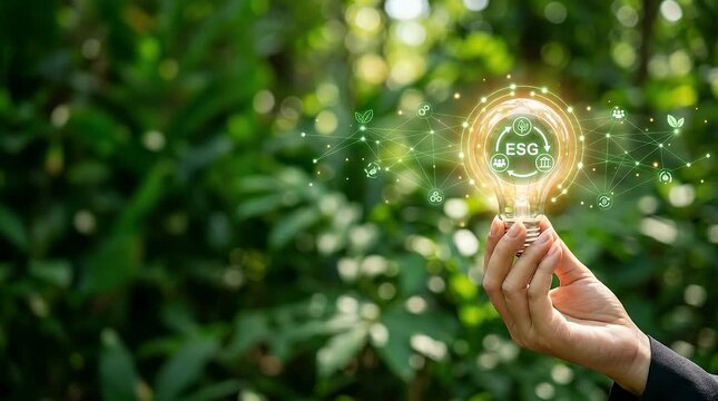 A hand holds a glowing light bulb surrounded by floating ESG icons, gently zooming in through a lush green background, illuminated with soft sunlight, settling into the final frame.