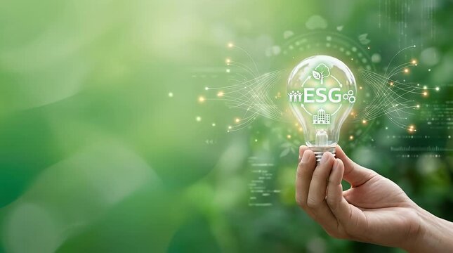 A person holds a glowing light bulb displaying ESG symbols, surrounded by faint digital elements, gently zooming in through a soft green background, creating a calm, eco-friendly atmosphere.