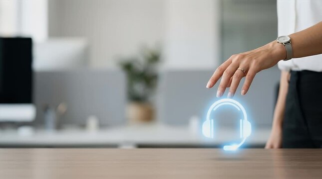Blurred background reveals a hand reaching toward a glowing headset icon, which animates subtly as the finger approaches, creating a modern office atmosphere with soft lighting.