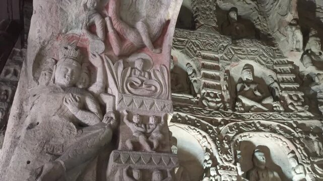 Ancient Buddhist Sculptures Inside Yungang Grottoes, Datong, Shanxi, China