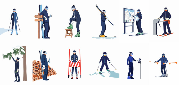 Set of various illustrated characters enjoying winter activities and skiing at a mountain resort, isolated on a white background.