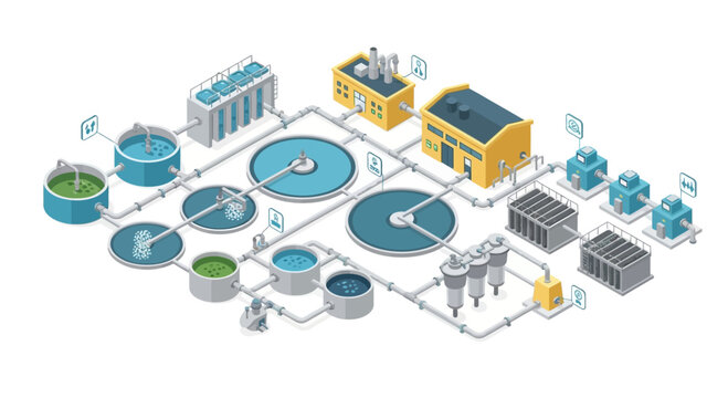 Isometric Illustration of Water Treatment Plant with Detailed Infrastructure.