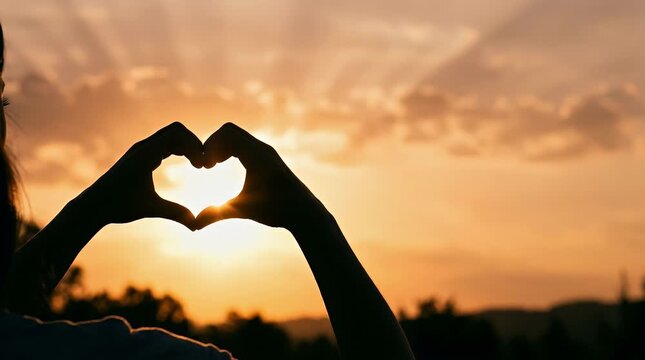 A person holds hands in a heart shape against a warm sunset, creating a serene atmosphere as the camera smoothly zooms in, capturing the glowing sun and soft clouds in the background.