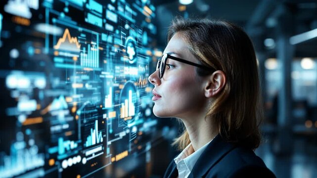 Confident businesswoman data analysis technology glasses virtual screen analytics professional cyber digital innovation futuristic hologram cyber