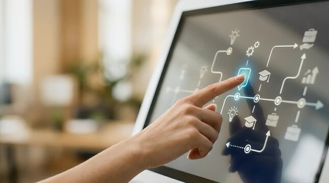 Blurred background reveals a hand reaching toward a glowing digital interface. The UI elements animate as the finger approaches, settling on a highlighted icon in a bright office ambiance.