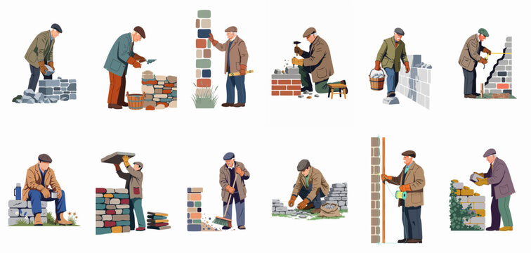 Vector character set of an elderly stonemason in various poses, building stone and brick walls using traditional tools and techniques on a white background.