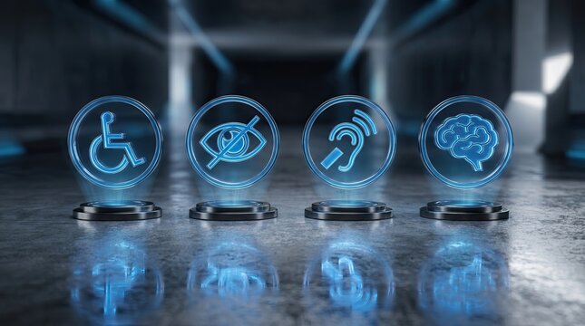 Access For All: Four holographic icons representing disability and accessibility &ndash; wheelchair, blind, deaf, and cognitive &ndash; are displayed in a futuristic, illuminated setting.