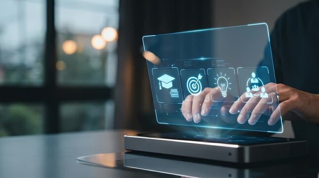 Hand touching digital holographic icons for education and business innovation on transparent tablet screen
