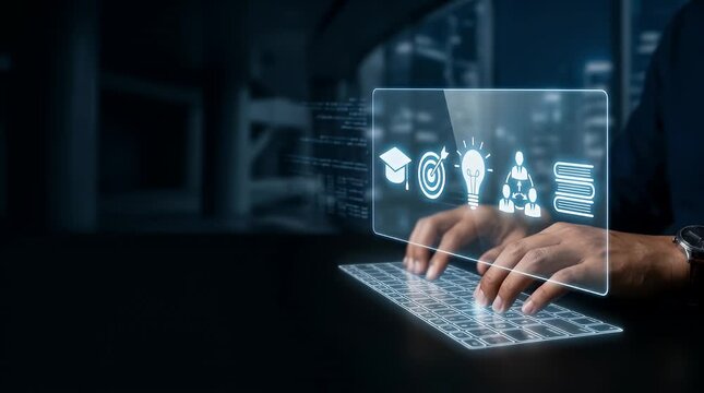 Developer hands typing on laptop with holographic technology icons and digital interface overlay