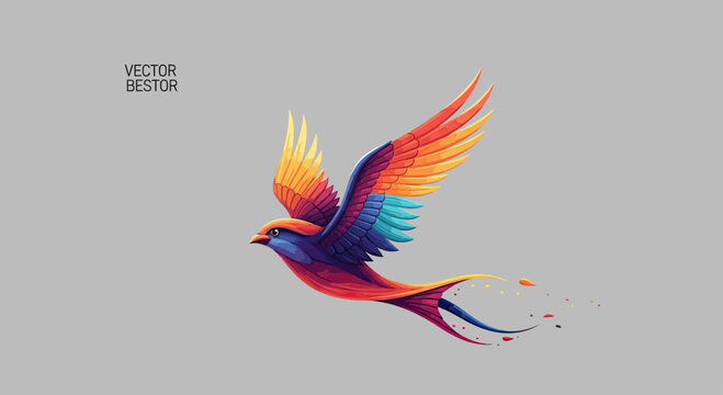 Vivid, stylized bird with outstretched wings, in flight with a trailing tail
