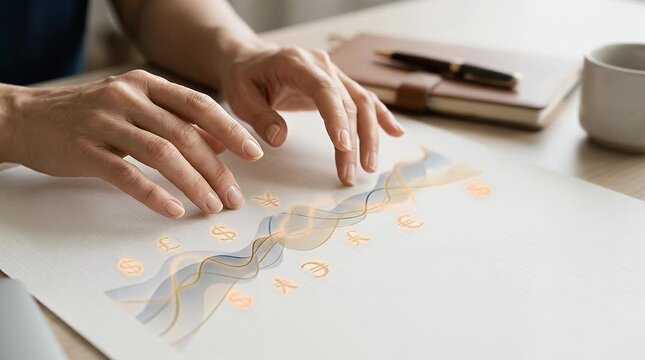 Hands Interacting with Financial Data Graph on Desk