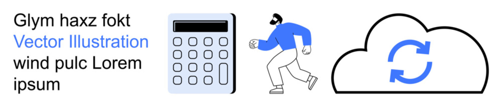 Data synchronization, cloud storage, digital workflow, computation, information security, teamwork. Cartoon man, calculator cloud with sync icon. Data synchronization and cloud storage concept