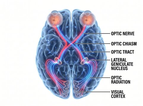 Detailed Diagram of Human Brain Showing Visual Pathways and Structures Related to Vision and Optical Processing
