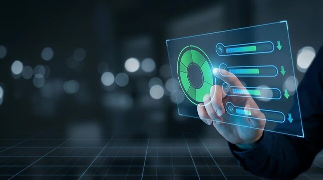 Hand touching holographic futuristic interface with circular green loading indicator and blue data bars