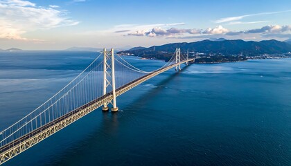 Obraz premium Suspension bridge over calm waters landscape.