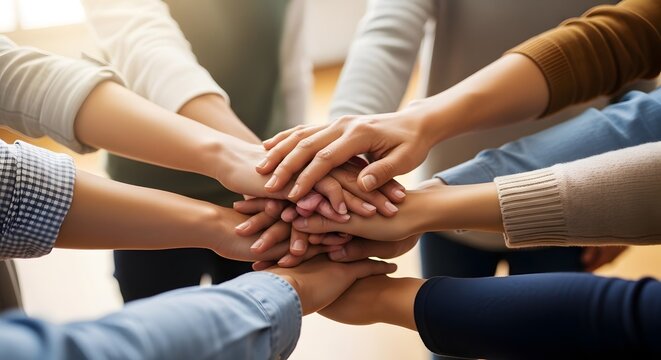 Team hands stacked symbolizing collaboration and corporate teamwork success