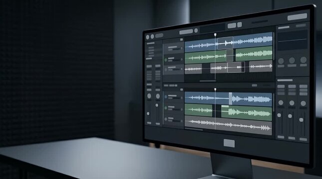 Music production studio setup with digital audio workstation displaying waveforms and multi-track recording interface on monitor