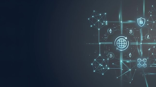 Digital cryptocurrency and blockchain network with bitcoin ethereum icons connected by glowing data lines