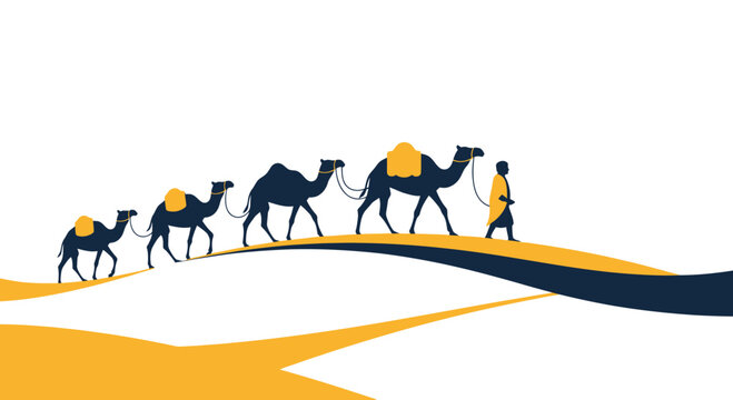 Caravan of camels walking in desert landscape, minimalist vector illustration