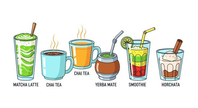 Assortment of Hot and Cold Beverages: Matcha Latte, Chai Tea, Yerba Mate, Smoothie, Horchata