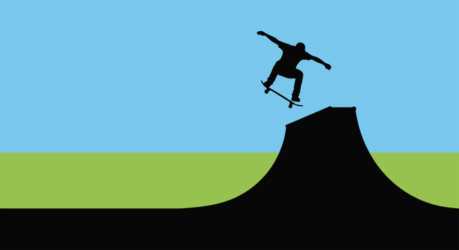 Silhouette of skateboarder performing a trick over a ramp against a blue sky