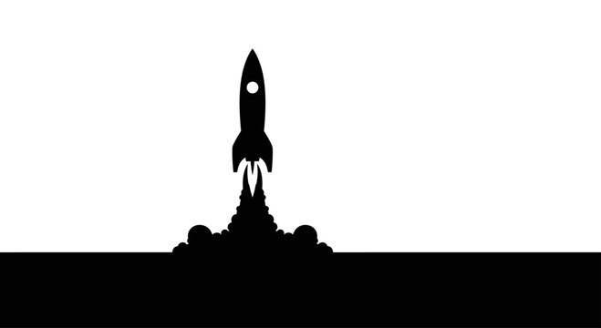 Black silhouette of a rocket launching against a white background