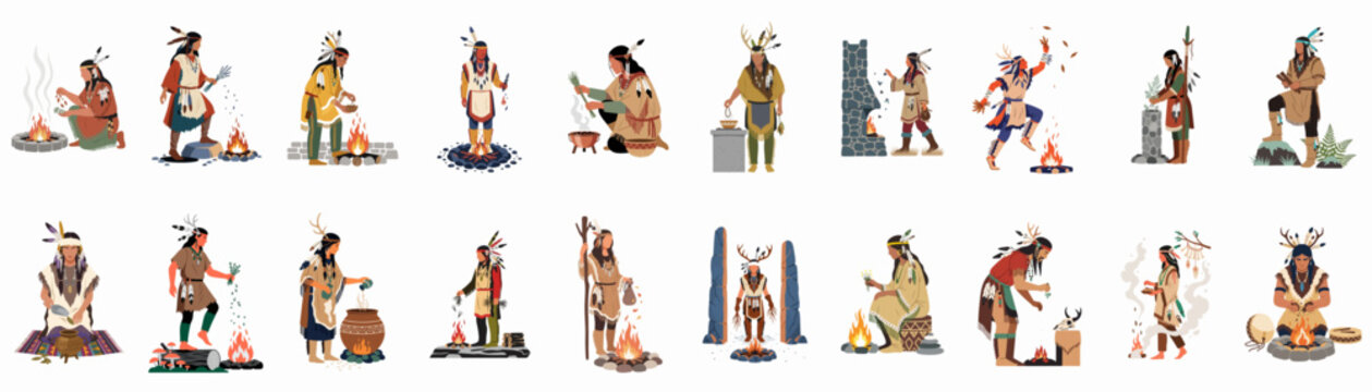 Large collection of flat vector illustrations depicting Native American shamans and indigenous people performing traditional rituals, ceremonies, and spiritual practices with fire and herbs.