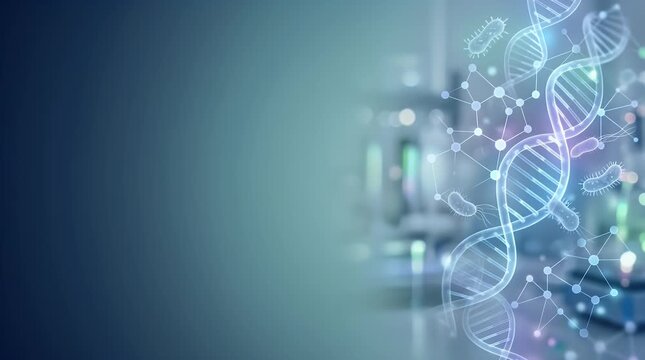 DNA double helix structure with molecular connections and laboratory microscope in scientific research setting