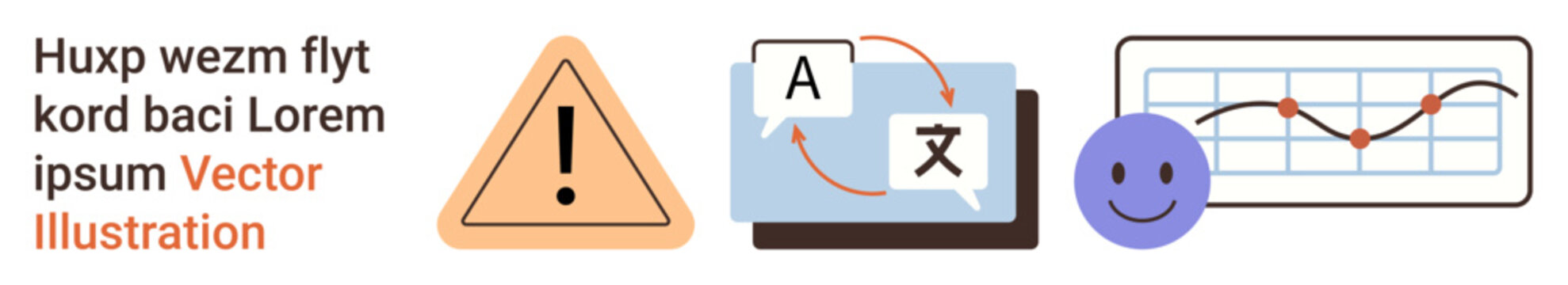 Translation, data analytics, warning signals, emotions, language learning, tech design. Includes warning triangle, translation symbols happy face and data chart. Translation and data analytics