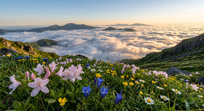 일본 미야기현 자오산의 고산 지대에서 바라본 웅장한 운해와 여름 야생화가 만발한 초원 풍경