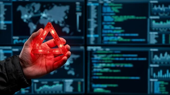 Hand holding glowing red warning triangle alert symbol over digital security monitoring dashboard