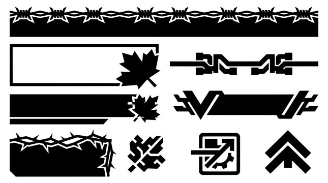 Black futuristic fall UI stream panels. Includes digital glitch maple leaves, tech gear arrow icons, barbed wire headers, and thorny vine frames