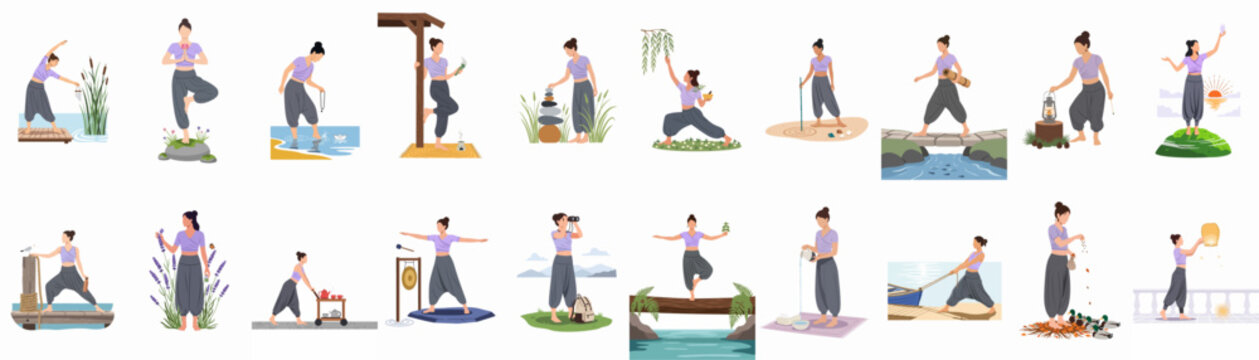 Flat vector illustrations of a woman practicing mindfulness, yoga, and connecting with nature in various serene outdoor settings.