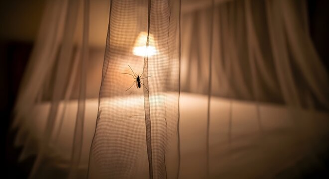 A mosquito on a white bed net in a dimly lit bedroom at night. Concept of malaria prevention, insect protection, safe sleep, tropical health safety, and domestic pest control in a cozy atmosphere