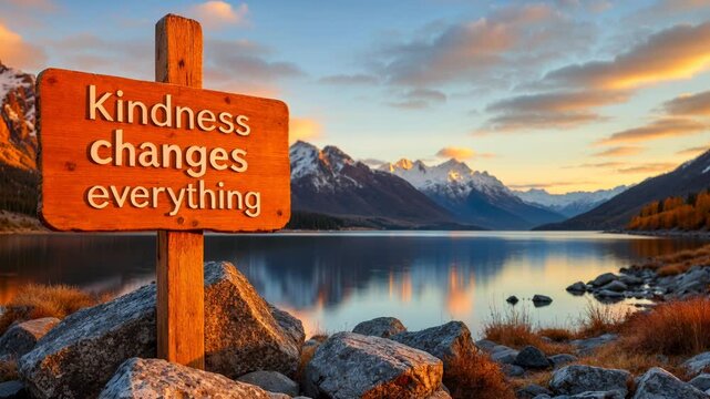 Kindness change motivation quote lake mountain snow sunrise reflection inspiration serene landscape nature wood sign near calm lake and mountain