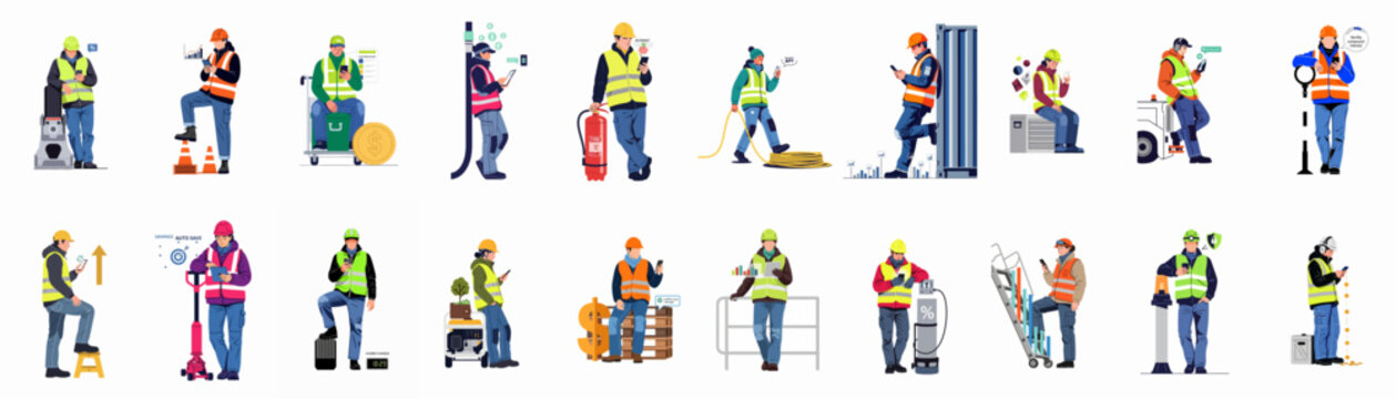 Set of industrial and construction workers using mobile apps for financial tracking, investment management, and personal savings.