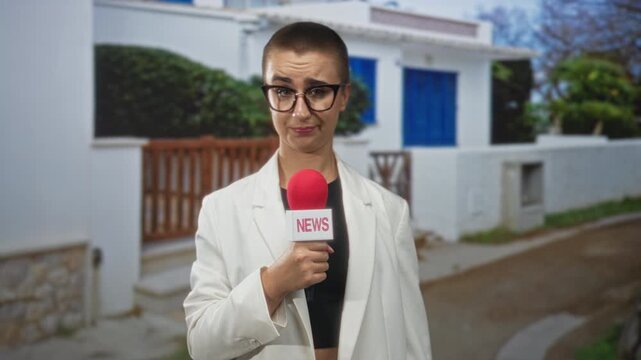 Woman reporter holding red microphone at chest, eyebrow raised, on street outside white building; skepticism.